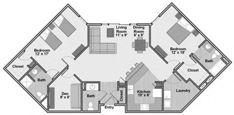 Floor plan for 2 beds, 2.5 baths, 1186 sqft